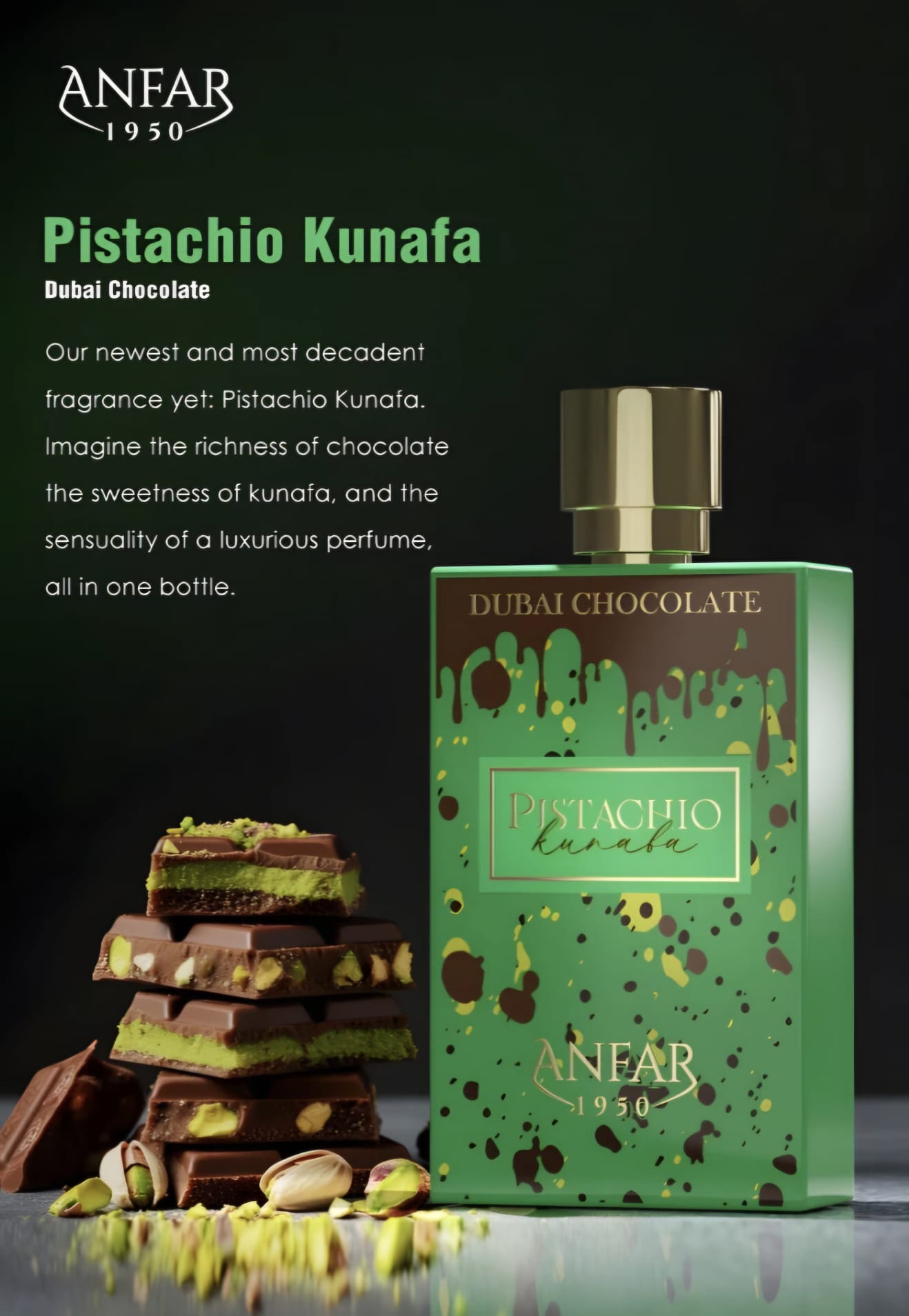 Anfar 1950 Dubai Chocolate - Pistachio Kunafa - Extrait De Parfum - 80 ML - imagine 3